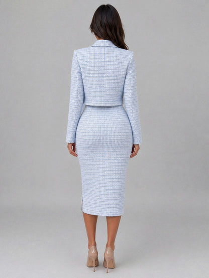 Tweed Long Sleeve Cropped Jacket and Midi Dress Set