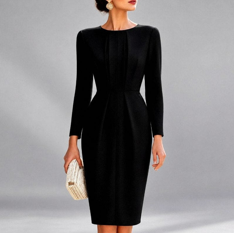 Long Sleeve Pleated Pencil Midi Dress