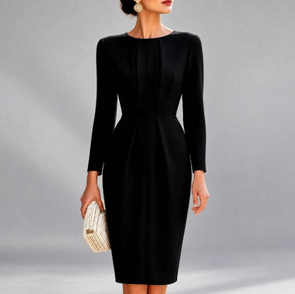 Long Sleeve Pleated Pencil Midi Dress