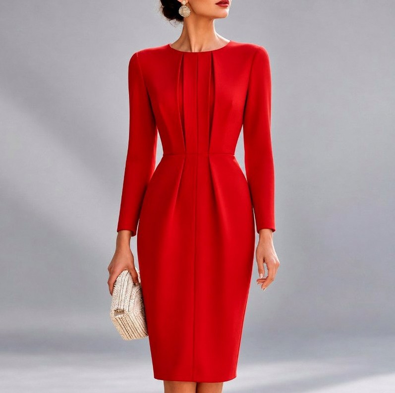 Long Sleeve Pleated Pencil Midi Dress