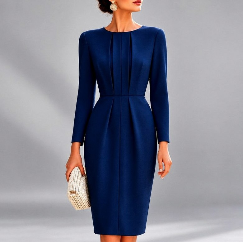 Long Sleeve Pleated Pencil Midi Dress