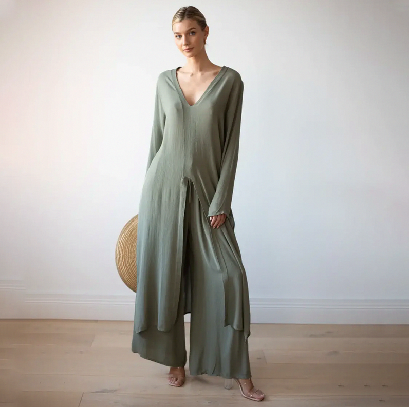 Tunic Overlay Long Sleeve Wide Leg Jumpsuit