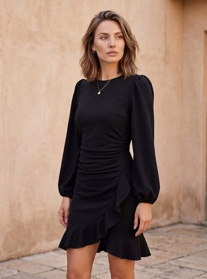 Long Sleeve Ruched Ruffle Mini Dress