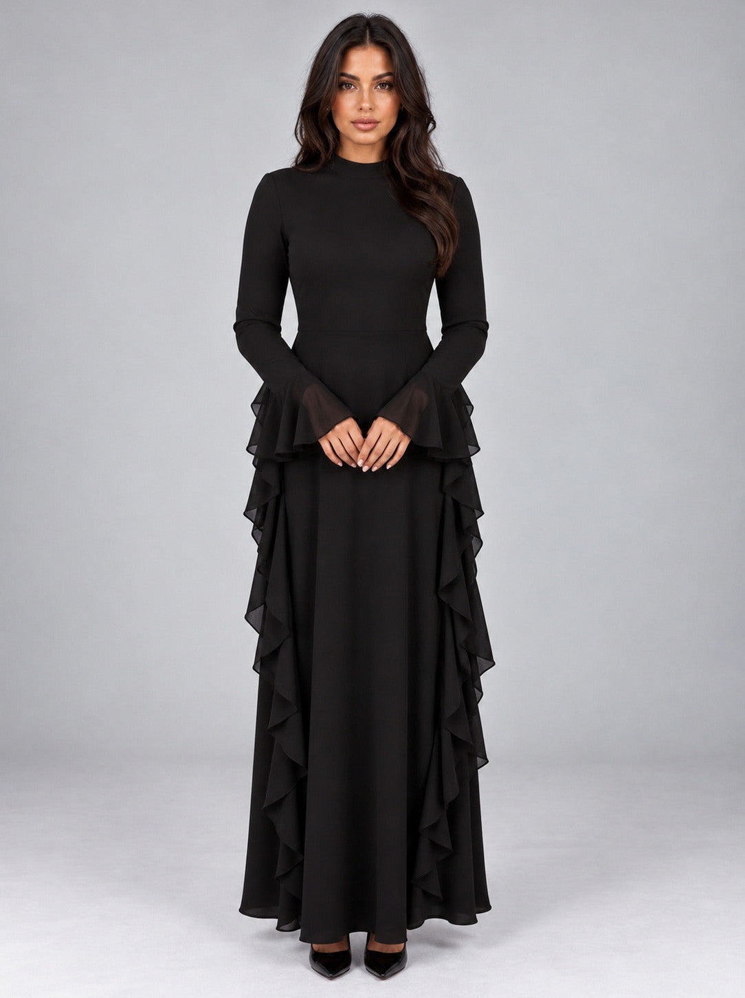 Long Sleeve Ruffle Modest Maxi Dress