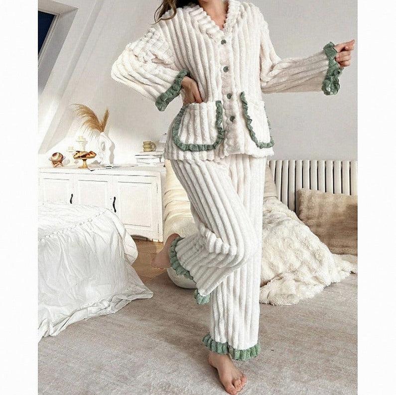 Fleece Long Sleeve Ruffle Trim Pyjama Set