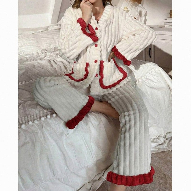 Fleece Long Sleeve Ruffle Trim Pyjama Set
