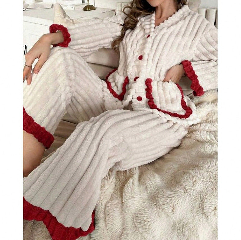 Fleece Long Sleeve Ruffle Trim Pyjama Set