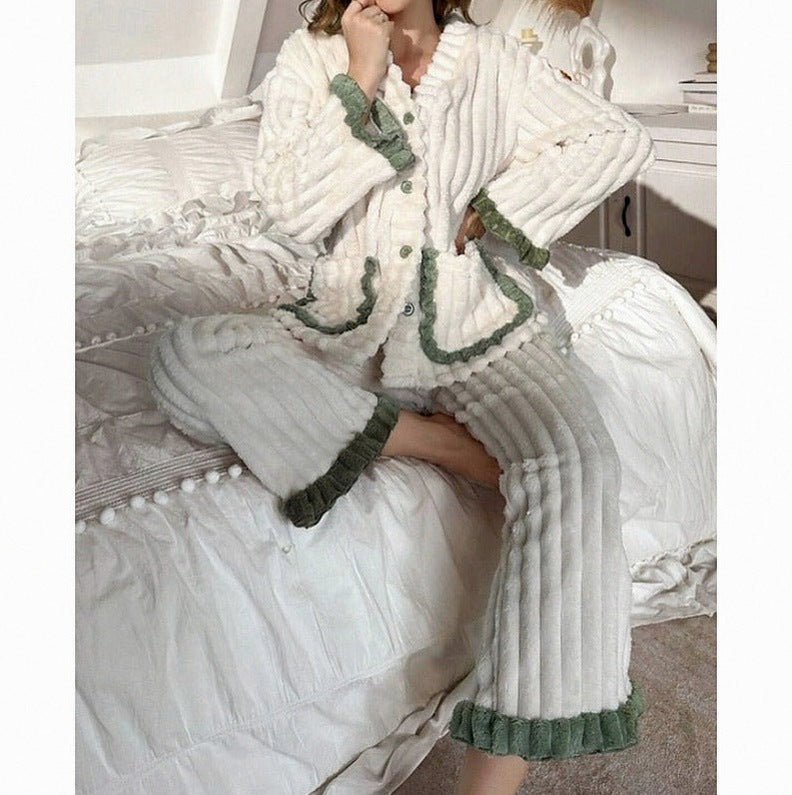 Fleece Long Sleeve Ruffle Trim Pyjama Set