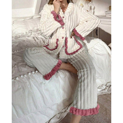 Fleece Long Sleeve Ruffle Trim Pyjama Set