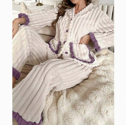 Fleece Long Sleeve Ruffle Trim Pyjama Set