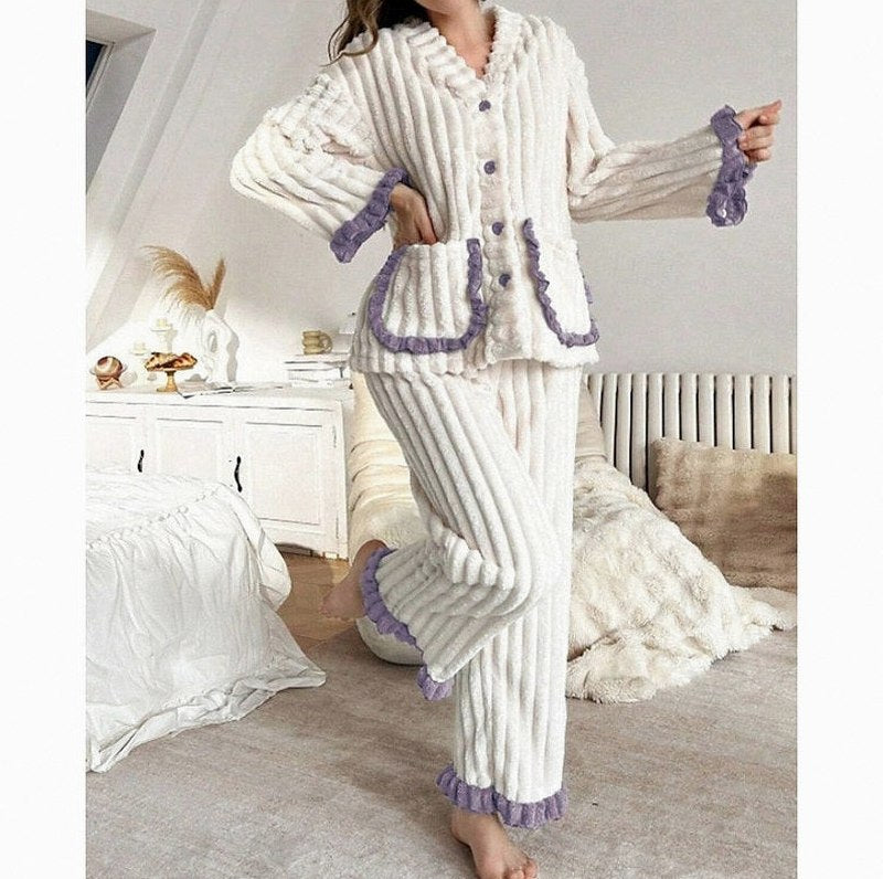 Fleece Long Sleeve Ruffle Trim Pyjama Set