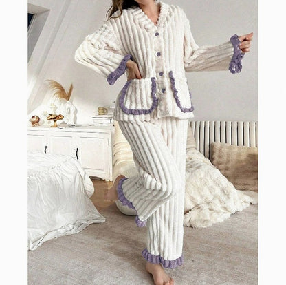 Fleece Long Sleeve Ruffle Trim Pyjama Set