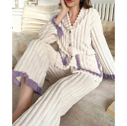 Fleece Long Sleeve Ruffle Trim Pyjama Set