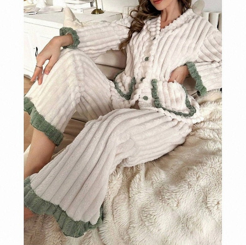 Fleece Long Sleeve Ruffle Trim Pyjama Set