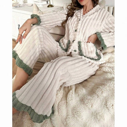Fleece Long Sleeve Ruffle Trim Pyjama Set