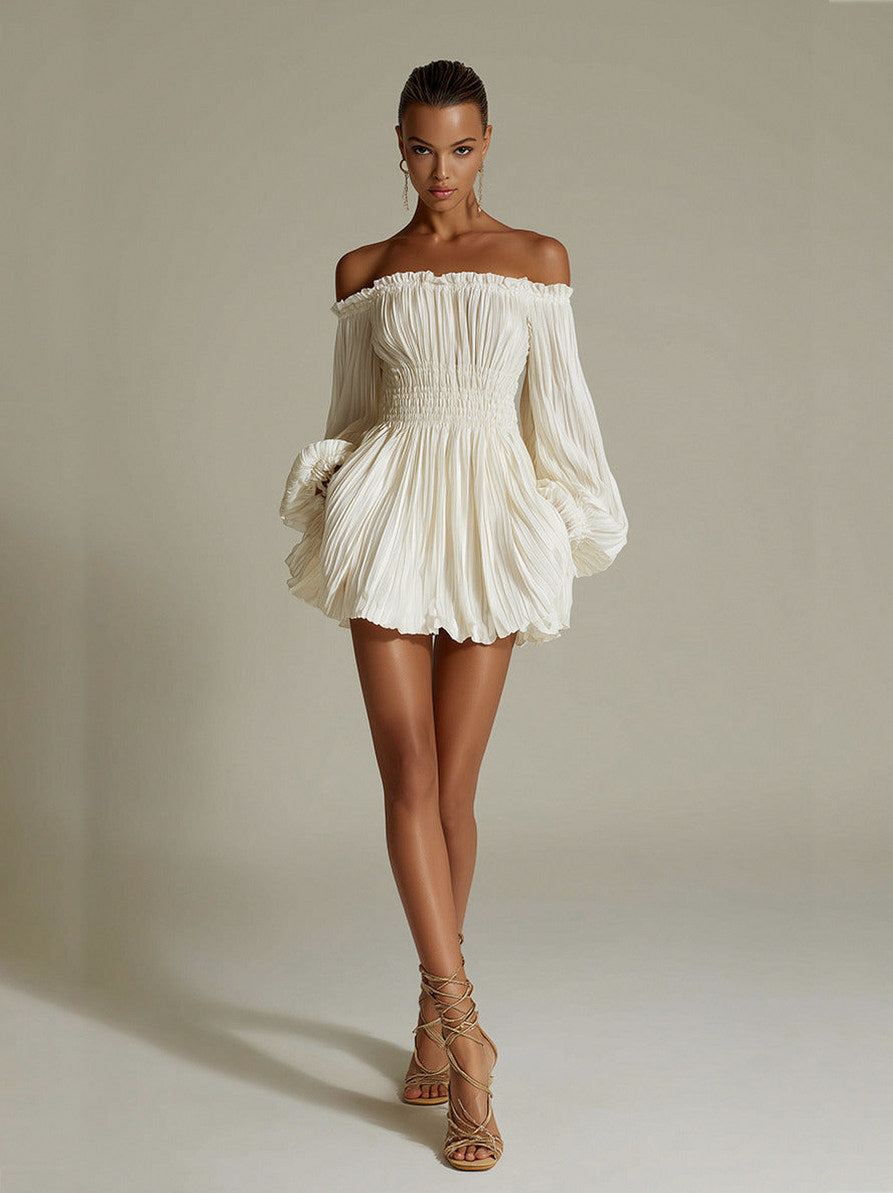 Long Sleeve Shirred Pleated Mini Dress