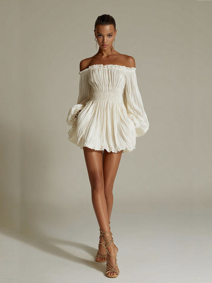 Long Sleeve Shirred Pleated Mini Dress