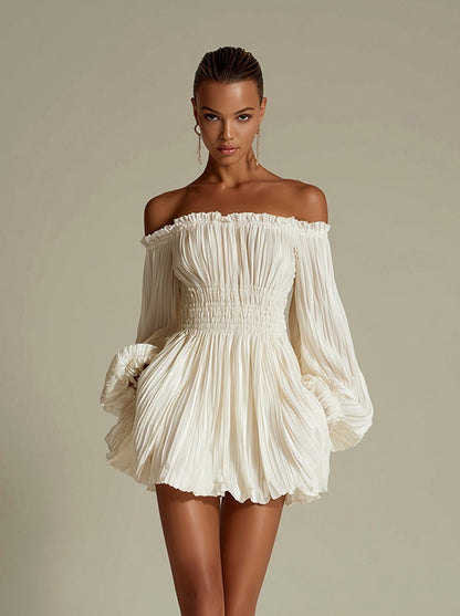 Long Sleeve Shirred Pleated Mini Dress