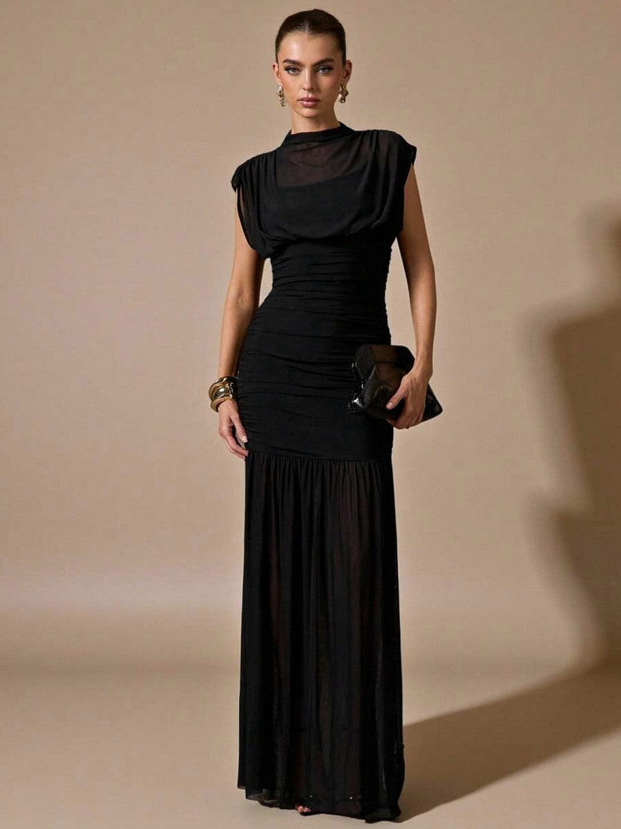 Mesh Cowl High Neck Maxi Dress