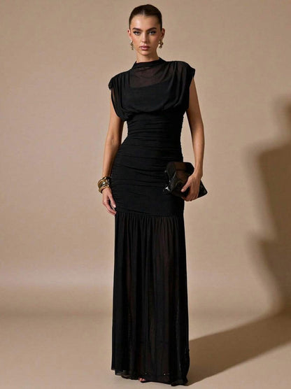 Mesh Cowl High Neck Maxi Dress