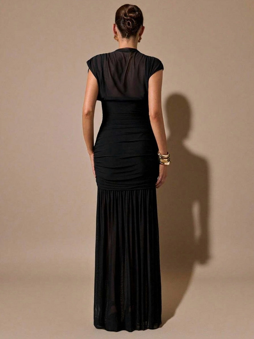 Mesh Cowl High Neck Maxi Dress