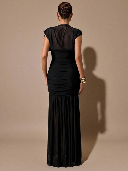Mesh Cowl High Neck Maxi Dress