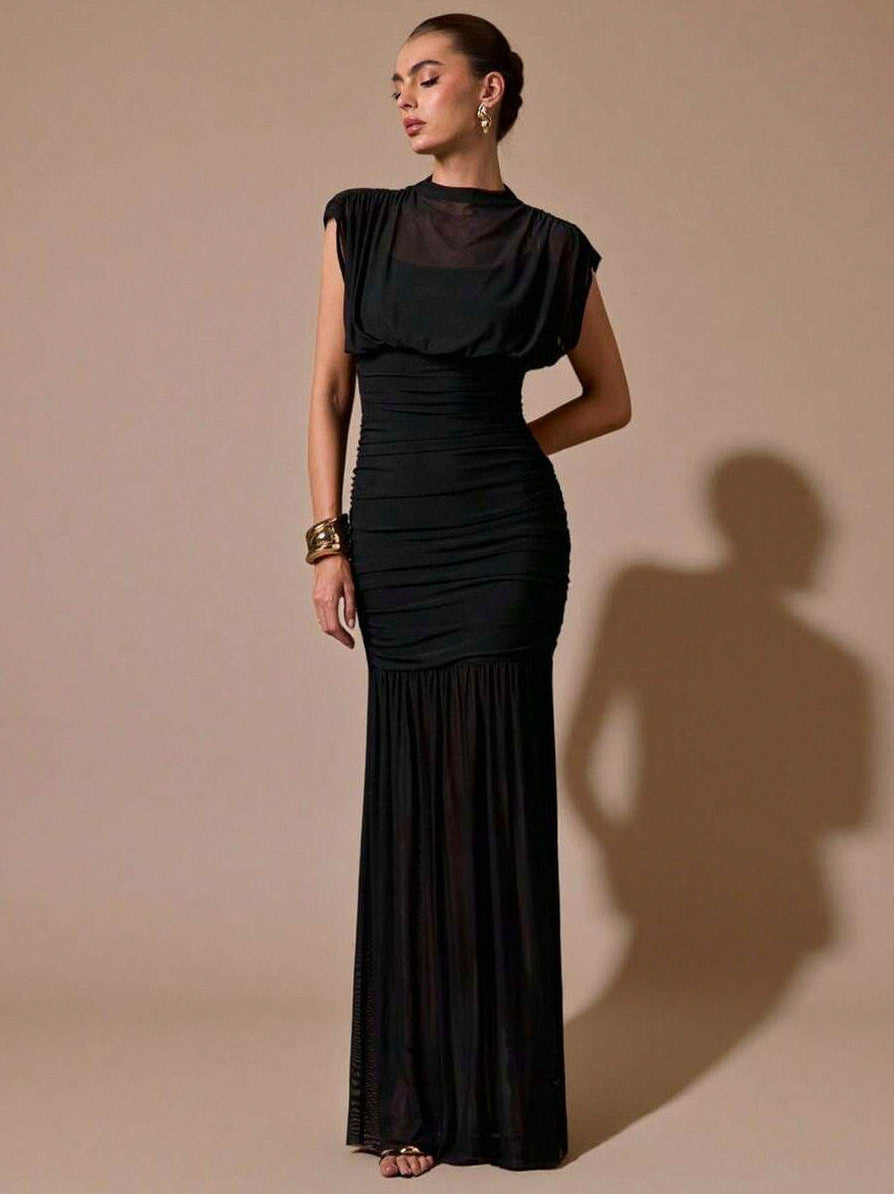 Mesh Cowl High Neck Maxi Dress
