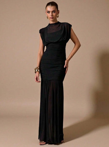 Mesh Cowl High Neck Maxi Dress