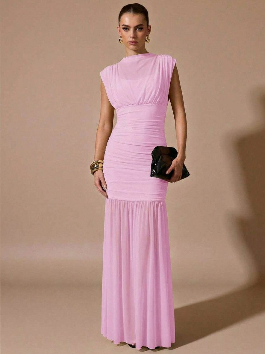 Mesh Cowl High Neck Maxi Dress