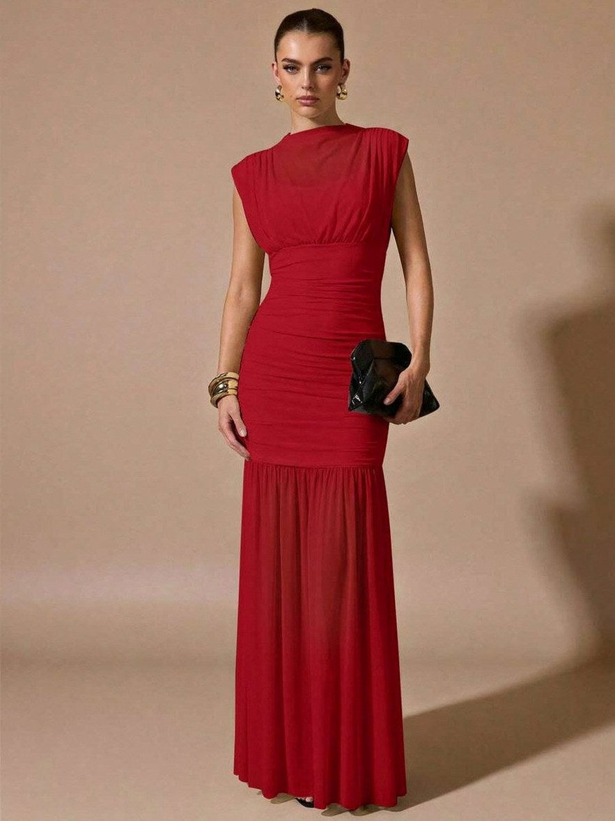 Mesh Cowl High Neck Maxi Dress
