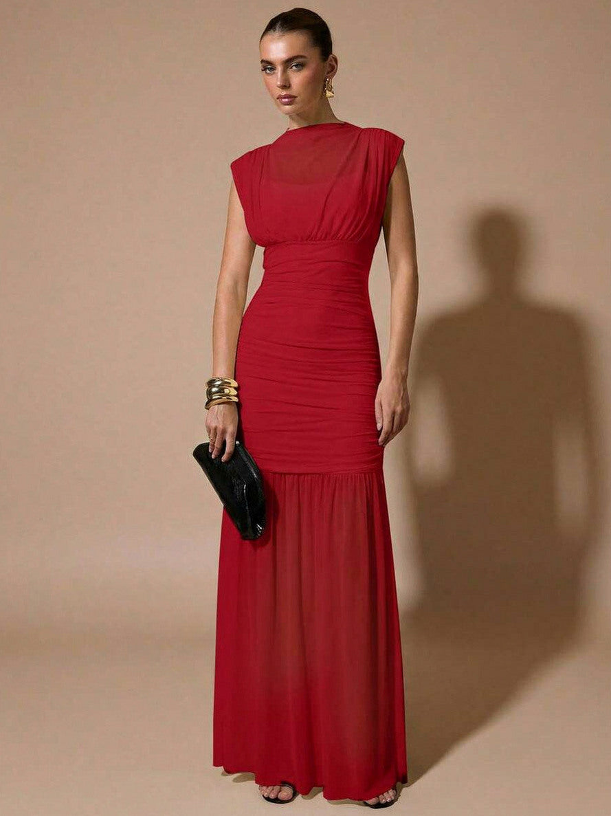 Mesh Cowl High Neck Maxi Dress