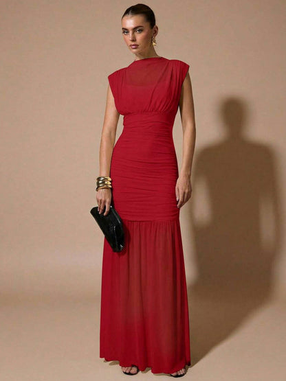 Mesh Cowl High Neck Maxi Dress