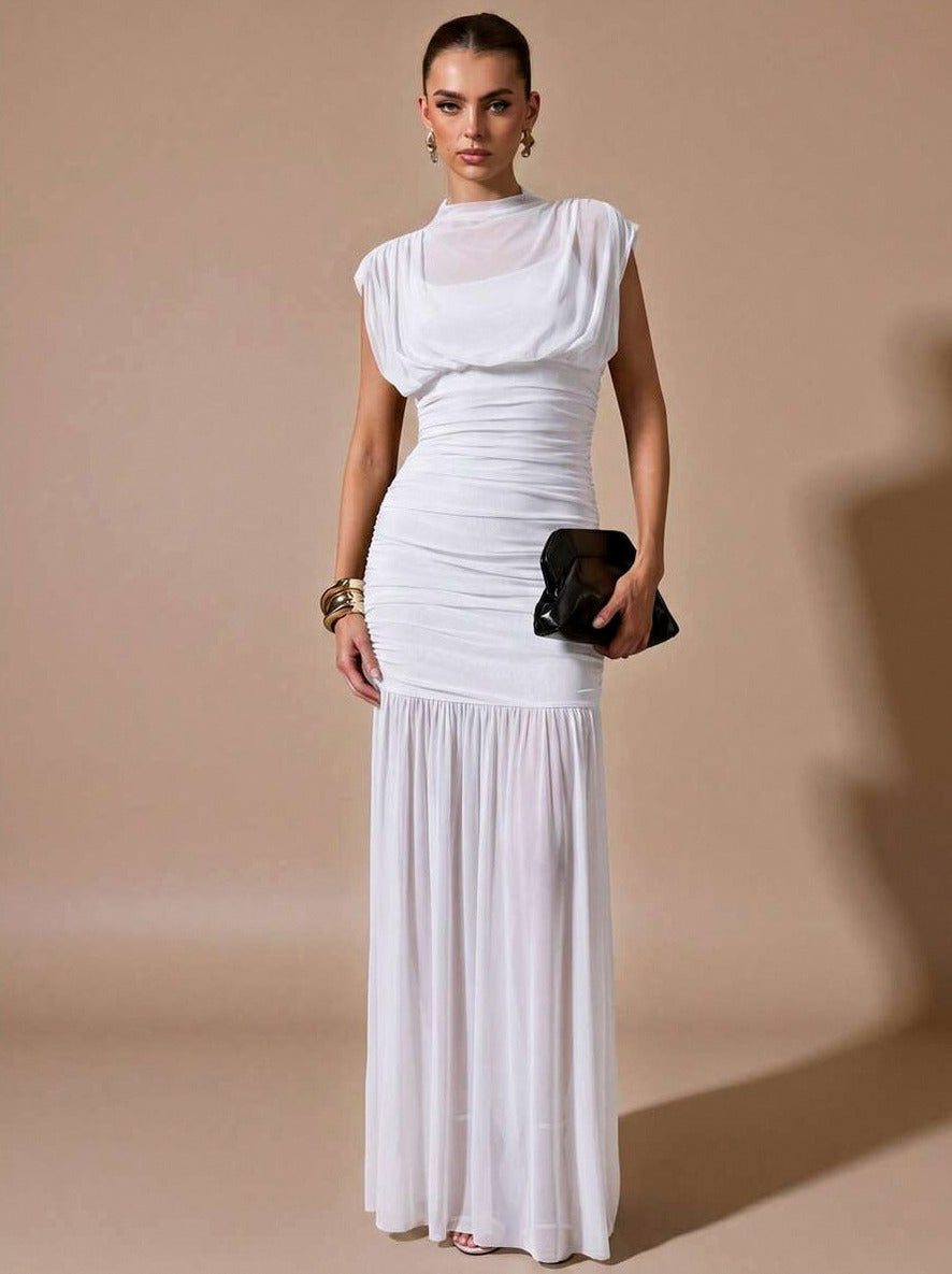 Mesh Cowl High Neck Maxi Dress