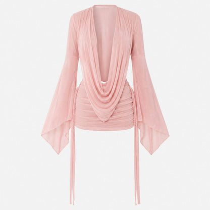 Mesh Cowl Long Sleeve Mini Dress