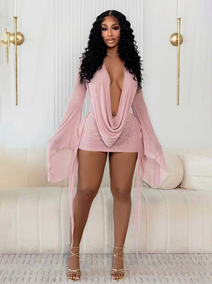 Mesh Cowl Long Sleeve Mini Dress
