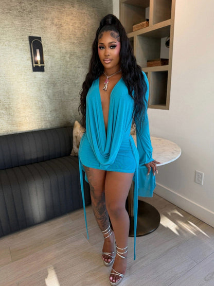 Mesh Cowl Long Sleeve Mini Dress