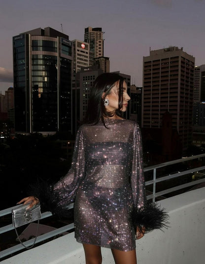 Sequin Mesh Long Sleeve Feather Cuff Mini Dress