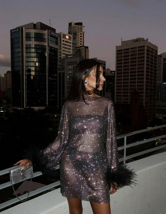 Sequin Mesh Long Sleeve Feather Cuff Mini Dress