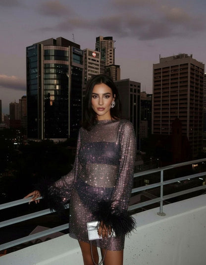 Sequin Mesh Long Sleeve Feather Cuff Mini Dress