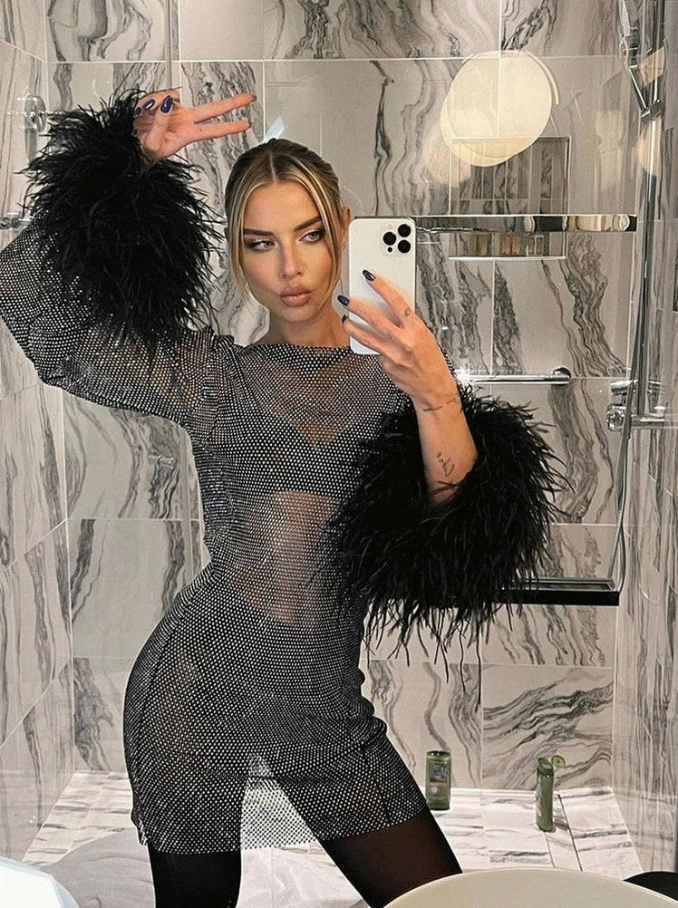 Sequin Mesh Long Sleeve Feather Cuff Mini Dress