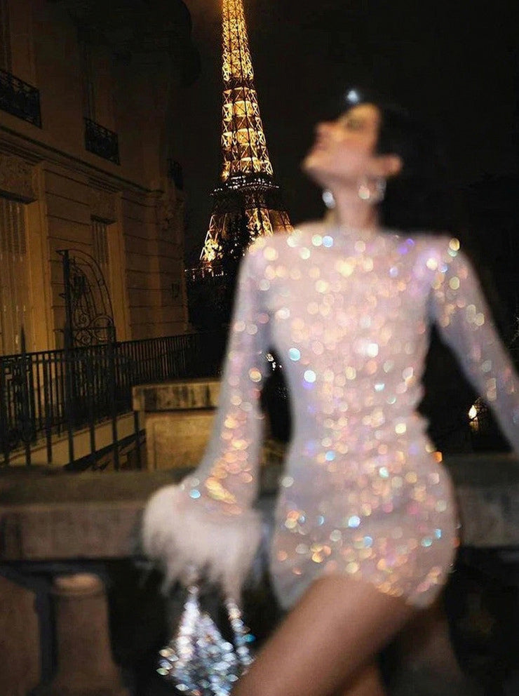 Sequin Mesh Long Sleeve Feather Cuff Mini Dress