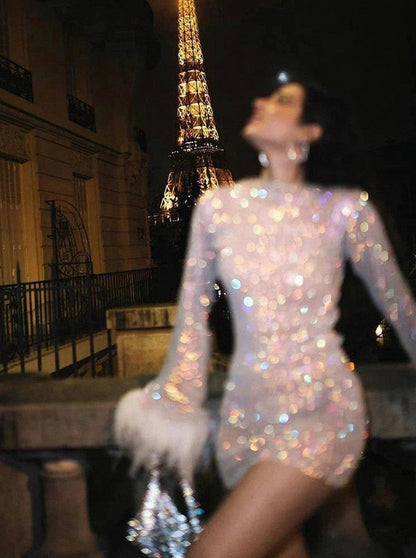 Sequin Mesh Long Sleeve Feather Cuff Mini Dress