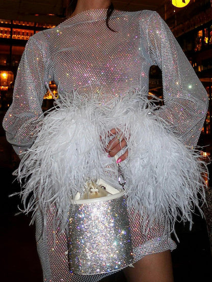 Sequin Mesh Long Sleeve Feather Cuff Mini Dress