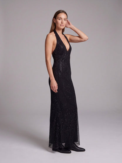 Sequin Mesh Plunge Halter Maxi Dress