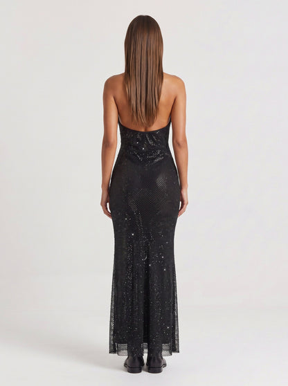 Sequin Mesh Plunge Halter Maxi Dress