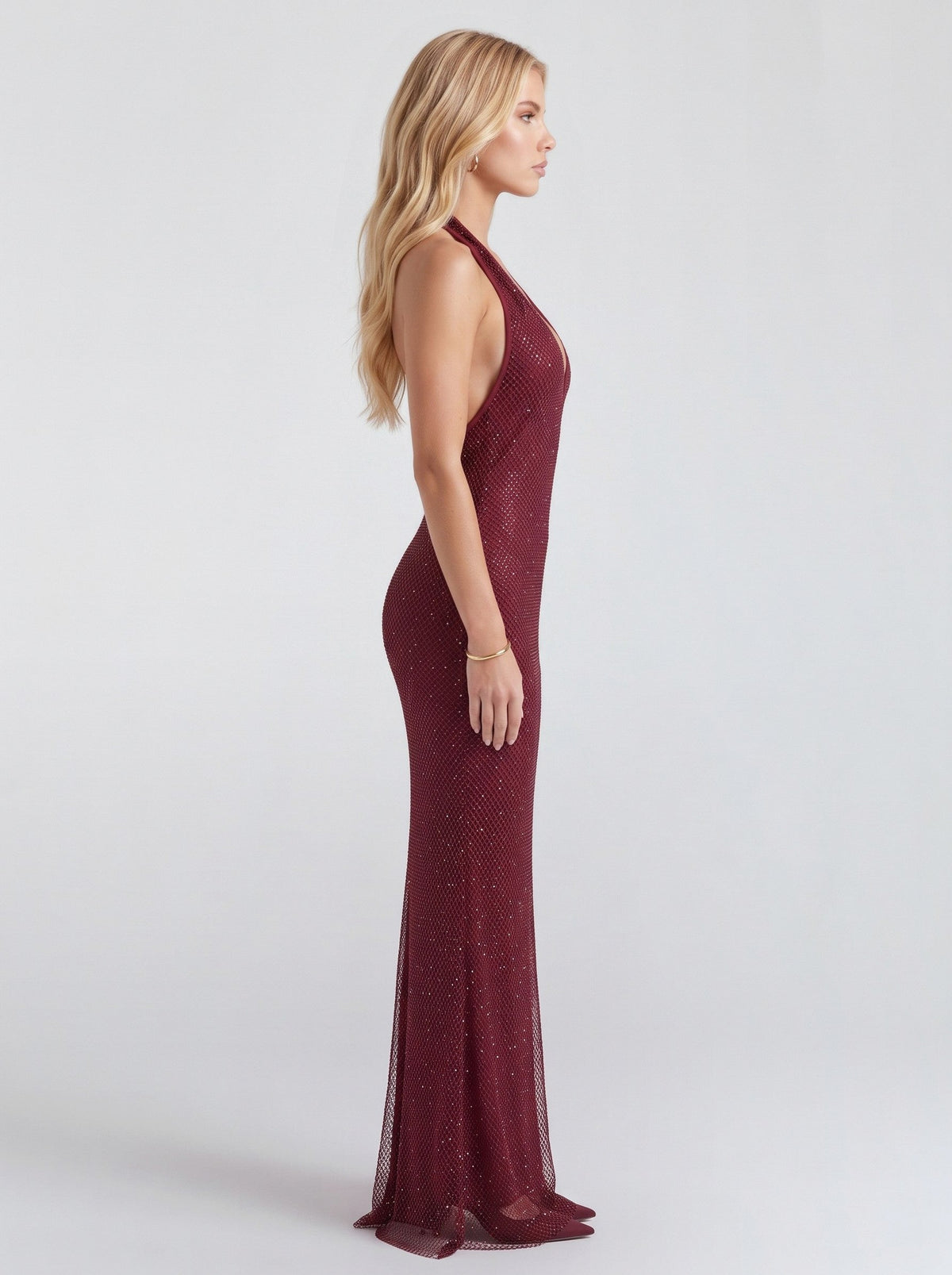 Mesh Sequin Halter Plunge Bodycon Maxi Dress