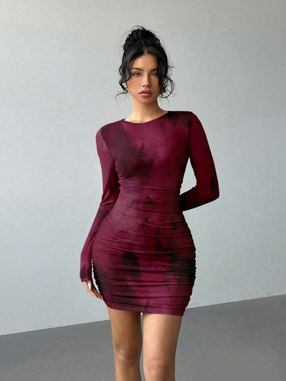 Mesh Ruched Long Sleeve Mini Dress