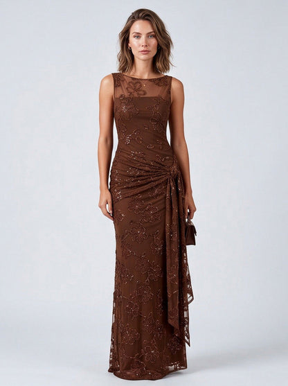 Mesh Sequin Floral Draped Maxi Dress