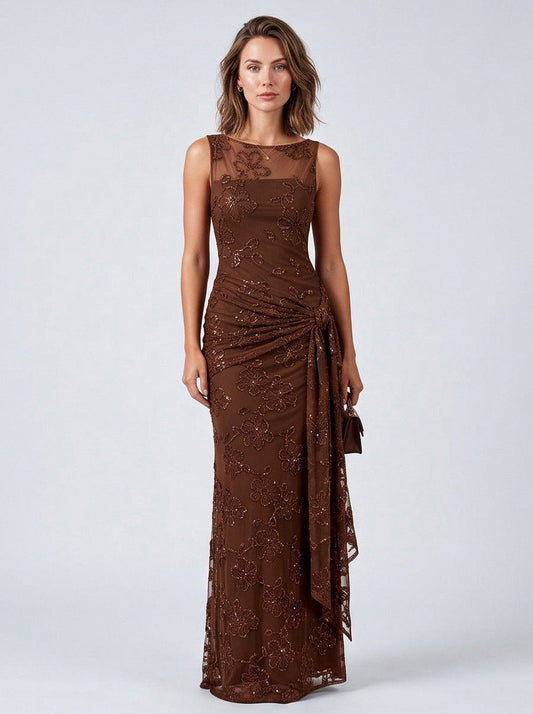 Mesh Sequin Floral Draped Maxi Dress