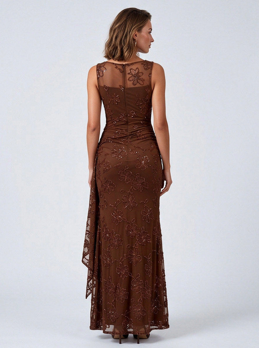Mesh Sequin Floral Draped Maxi Dress